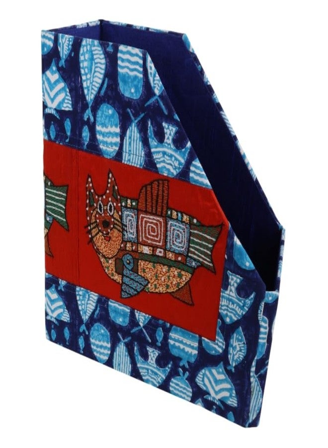 INDHA Sturdy Foldable Desk Organizer & Magazine Holder | Hand Block Printed Fabric with Embroidered Cat Fish Motif | A4 Size File & Book Organizer | Ideal for Kids Study Table & Employee Gifting - Image 4